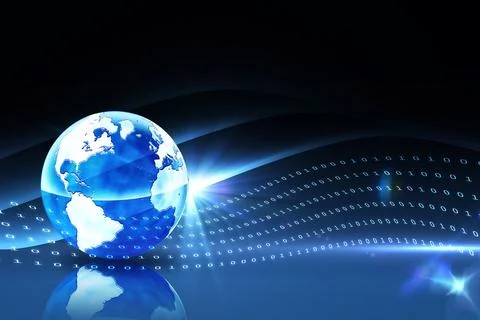 Glowing blue 3D Earth globe is hovering on mirror surface, binary code digits Stock Illustration