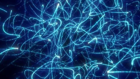 Glowing blue abstract light trails and dotted lines form a dense futuristic.. Stock Illustration