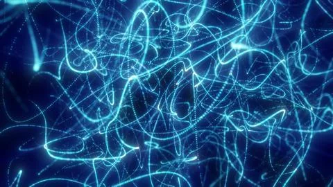Glowing blue abstract light trails and dotted lines form a dense futuristic.. イラスト素材