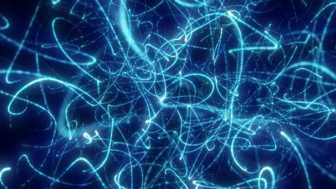 Glowing blue abstract light trails and dotted lines form a dense futuristic.. Stockillustratie