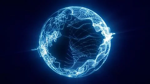 Glowing blue abstract sphere formed by flowing light trails and fine digita.. Illustrazione stock