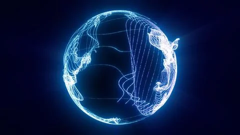 Glowing blue abstract sphere formed by flowing light trails and fine digita.. Stock Illustration