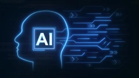 Glowing blue AI brain outline with circuit patterns. Advanced glowing blue .. Stock Footage 338348259