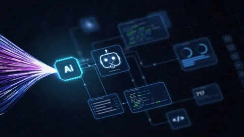 Glowing blue AI chip linked to a chatbot robot icon code panels and dashboards 動画素材 344557132