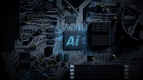 Glowing blue ai circuit on microchip on computer motherboard Stock Footage 160534593