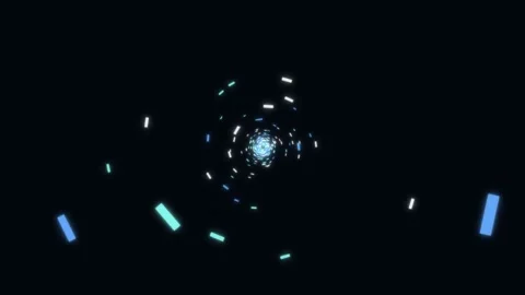 Glowing blue and cyan particles spiraling in a dark digital tunnel Stock Footage 336349550