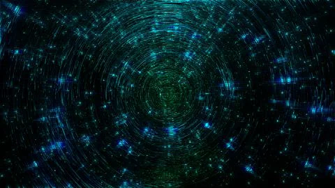 Glowing blue and green elements form a swirling digital pattern Stock Illustration