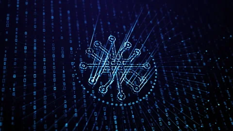 A glowing blue animated processor chip with falling binary code, useful for Stock Footage 321431533