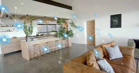 Glowing blue AR node network appearing after camera pan, mapping spatial links Video stock 320954956