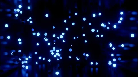 Glowing blue balls flash and fly in shiny room. 4k abstract 3D background of Stock Footage 130158391