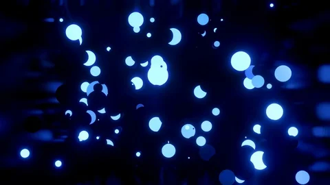 Glowing blue balls flash and fly in shiny room. 4k abstract 3D background of Stock Footage 130158402