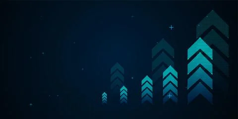 A glowing blue bar chart with The layout places arrows on the right side, a.. Stock Illustration