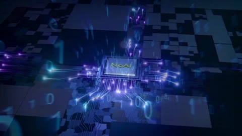 Glowing Blue Binary Code Particles Flying from Computer Microchip Processor 動画素材 336011933