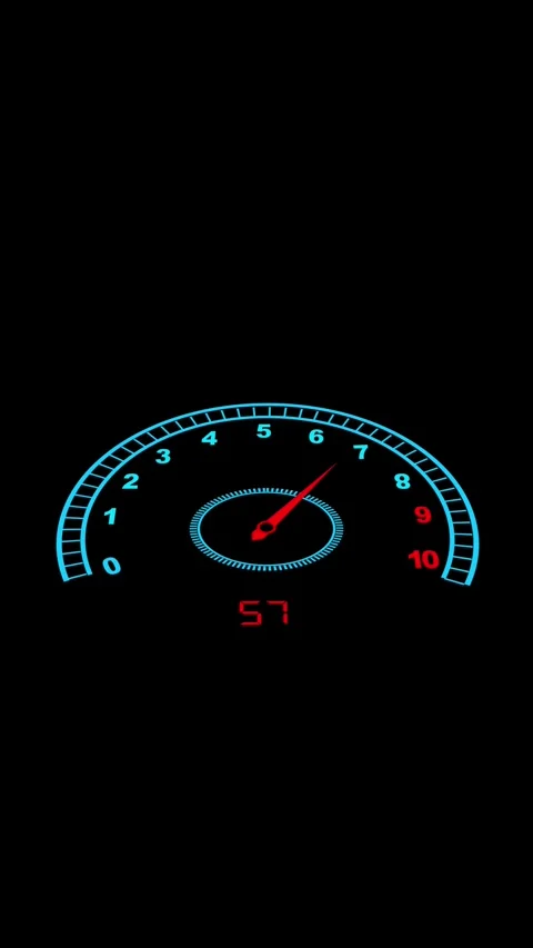 Glowing blue car tachometer dashboard with red needle and digital number on.. Видео 344733268