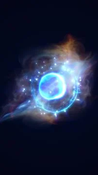 A glowing blue celestial sphere surrounded by swirling nebula-like clouds i.. Illustrazione stock