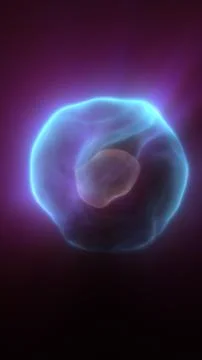 Glowing blue cell-like form with nucleus on purple background, abstract bio.. Stock-Illustration