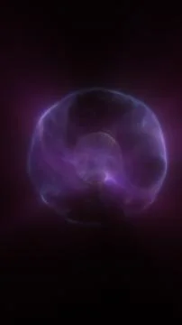 Glowing blue cell-like form with nucleus on purple background, abstract bio.. Stock-Illustration