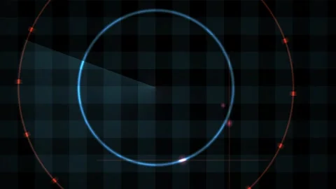 Glowing blue circle on black background with pixelated grid and red dots. Stock Footage 335514265