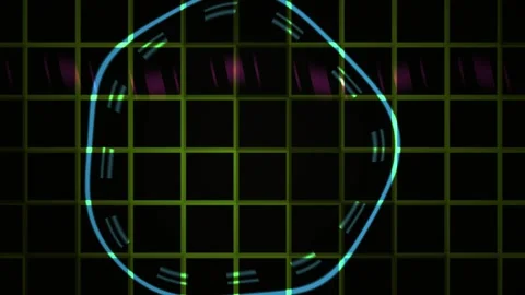 Glowing Blue Circle Pulsating on a Green Grid with Moving Digital Data Waves Stock Footage 343700013