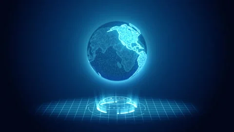 Glowing blue circle technology and earth sphere with light beam on background Video stock 152929804