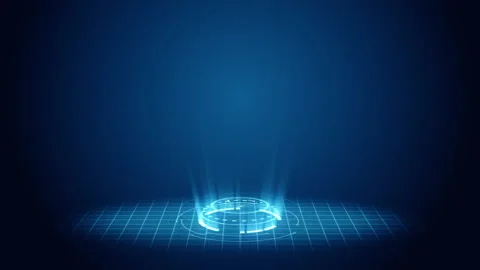 Glowing blue circle technology with light beam on grid background Stock Footage 152929791
