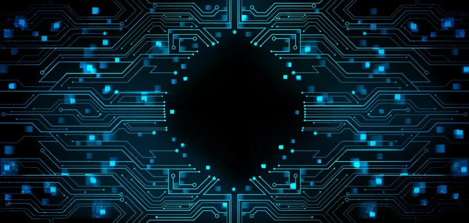 Glowing blue circuit board pattern with neon lines Stock Illustration