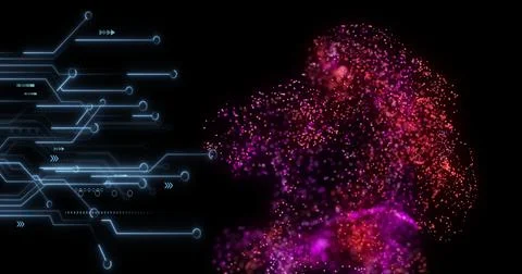 Glowing blue circuits merging with magenta particle silhouette in digital Stockillustratie