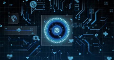 Glowing blue circular elements in futuristic digital interface with circuit Stock Footage 304761508