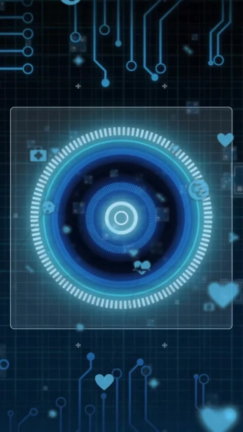 Glowing blue circular elements in futuristic digital interface with circuit Stock Footage 319617182