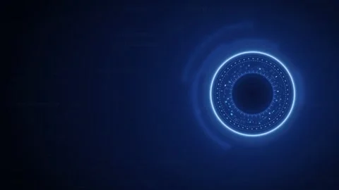 Glowing blue circular HUD interface on the right of a dark blue background Vídeo Stock 344643850