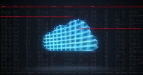 A glowing blue cloud icon is displayed against dark background filled with lines 스톡 사진