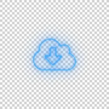 Glowing blue cloud icon with downward arrow isolated on transparent backgroun Stockillustratie