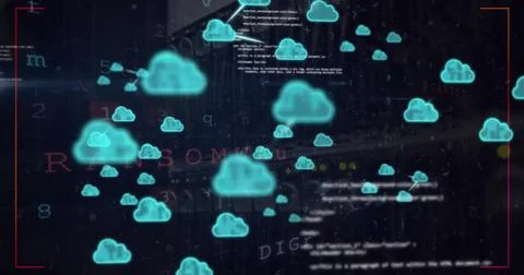 Glowing blue cloud icons floating against dark background filled with lines of Foto stock