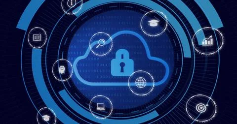 Glowing blue cloud with padlock floating over virtual dashboard, with HUD rings 写真素材