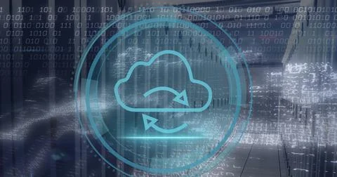 Glowing blue cloud sync icon with opposing arrows floating above data center Stock Photos