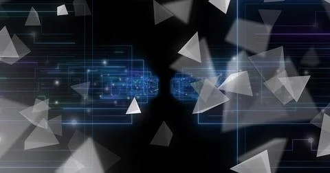 Glowing blue clusters pulsing around central gap in data stream, with triangu Stock Illustration