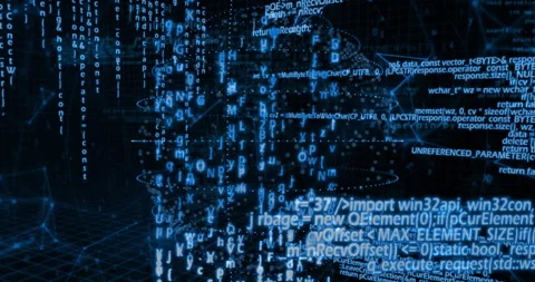 Glowing blue code cascading into transparent data sphere, connecting lines Stock Footage 309286746