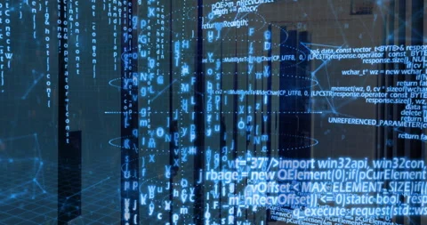 Glowing blue code streams floating in 3D data space, featuring wireframe grid Stock Footage 309283475
