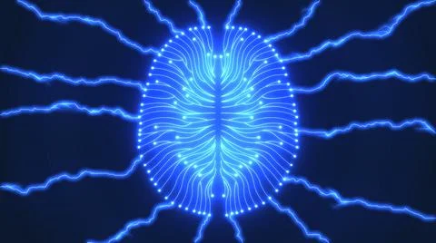 Glowing blue computer brain with lightning bolts of electricity Stock Illustration