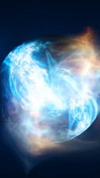 Glowing blue cosmic plasma sphere with bright energy flares, smoky nebula t.. Stock Illustration