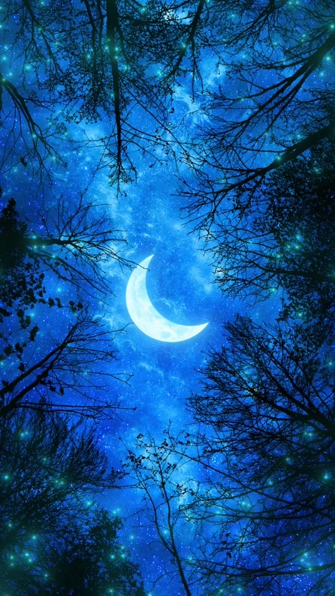 Glowing Blue Crescent Over Forest Vertical Background Loop Stock Footage 306124259