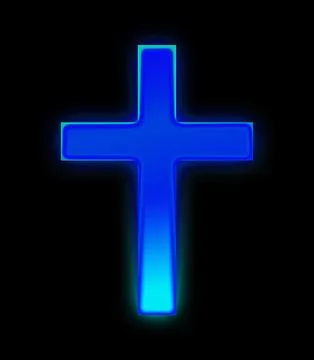 A glowing blue cross shape isolated on a black background, featuring a smoo.. Stock Illustration