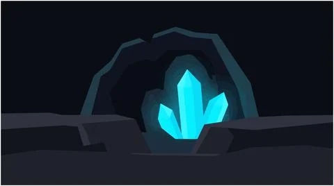 Glowing blue crystal formation inside a dark stone cave with minerals, gemsto Stock Illustration