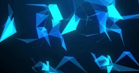Glowing blue cyan triangles floating in virtual space, forming wireframe, Stock Illustration