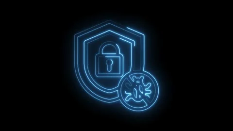 Glowing blue cyber security icon with shield and padlock against virus threat Stock Footage 330785343