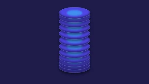 A glowing blue cylindrical stack of circular rings on a dark navy background Video stock 335118028