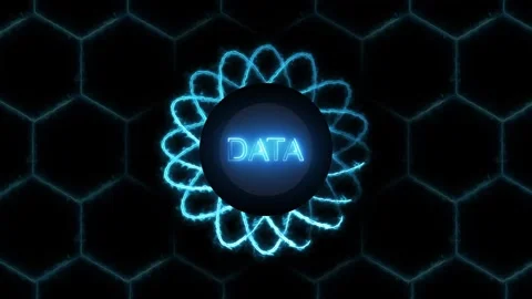 Glowing blue data atom symbol on hexagonal grid. Blue data atom symbol for .. Stock Footage 337817046