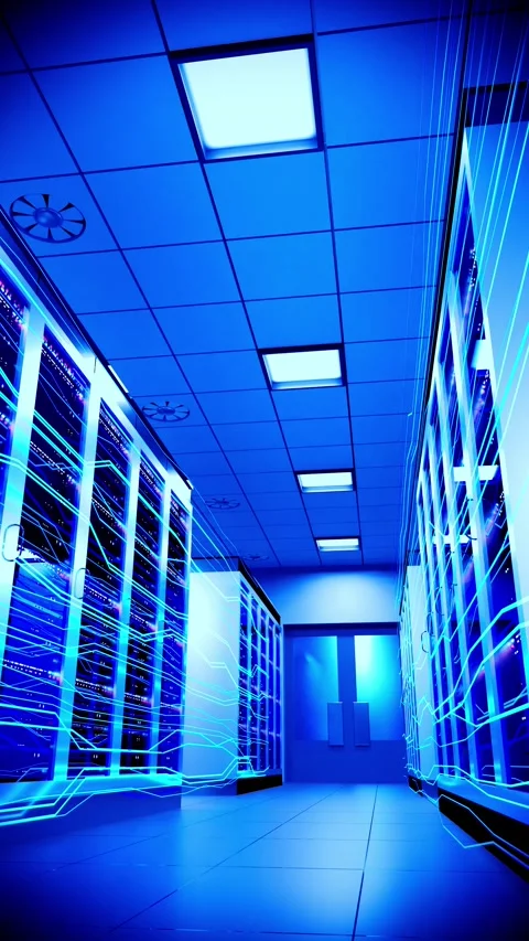 Glowing Blue Data Flow in Modern Server Center Stock Footage 329959916