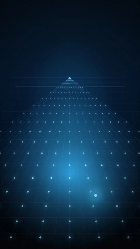 Glowing blue data grid converging into futuristic network perspective point.. Stock Footage 348115431