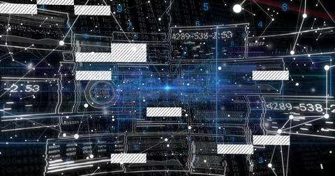 Glowing blue data stream moving in virtual network interface, with circuit Illustrazione stock